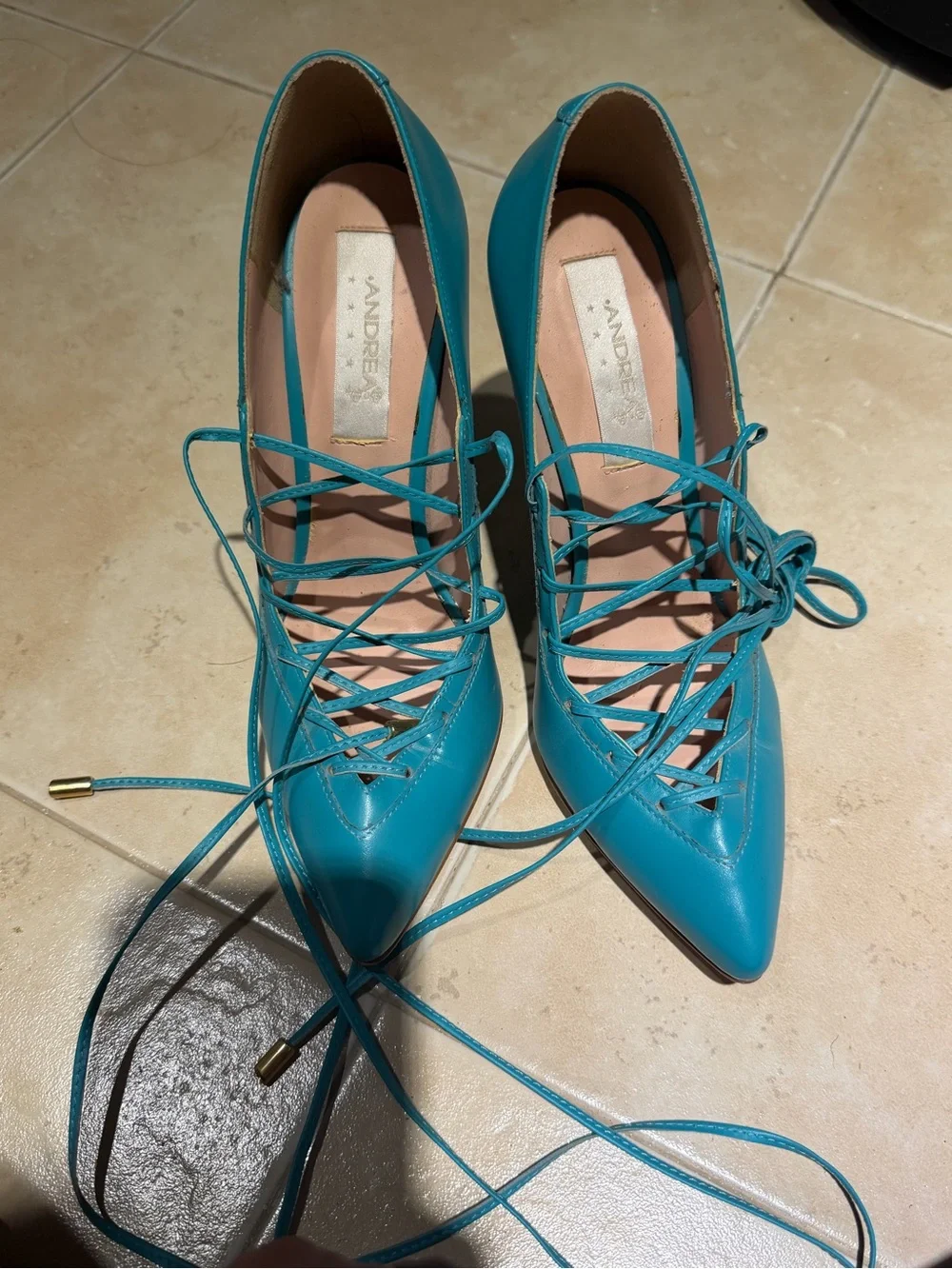 Andrea Turquoise Lace-Up Pointed Toe Stiletto Heels leather